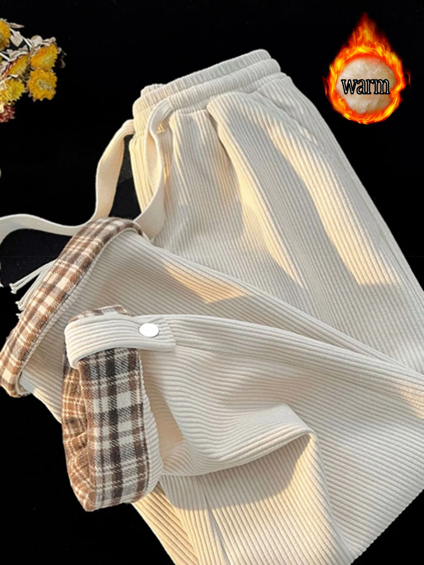 กางเกงขากว้างผ้าลูกฟูกฤดูใบไม้ร่วงและฤดูหนาวของผู้หญิงมีซับในผ้าฟลีซ หนาเพื่อความอบอุ่น กางเกงขาตรงสไตล์เกาหลีอเนกประสงค์