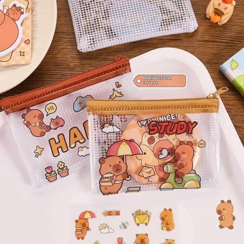 2 個かわいいカピバラコイン収納袋透明メッシュジッパー小銭入れ漫画財布ポータブル防水クリアバッグギフト