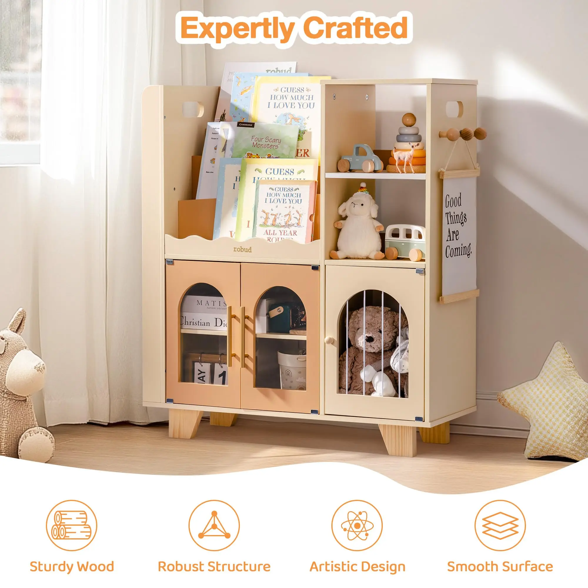 ROBOTIME ROBUD Houten boekenplank voor kinderen met opbergruimte Montessori-boekenplank Kinderboekenkast Speelgoedopslag Boekenplank voor peuters