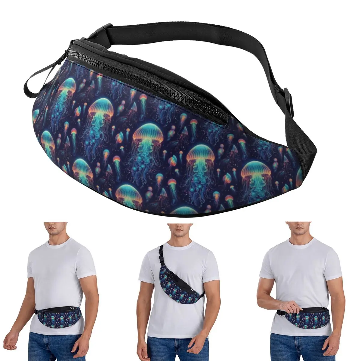 

Crossbody Waist Bag Luminescent Rainbow Jellyfish On Navy Blue Men Women Fanny Pack Traveling Running Money Phone Pouch