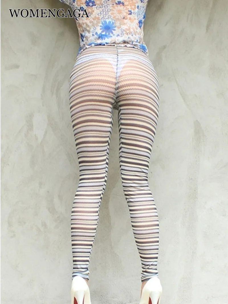 

WOMENGAGA Sexy Transparent Women Tight Mesh Pants Slim Stripes Thin Korean Style Slim Bottom Elastic Nightclub New Leggings W5R