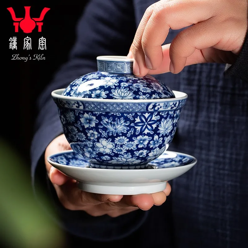 Zhongjia Kiln Tureen Jingdezhen Handmade Hand Painted Blue and White Firewood Kiln Wanhua Gaiwan Tureen Kombucha Tea Brewing Bow