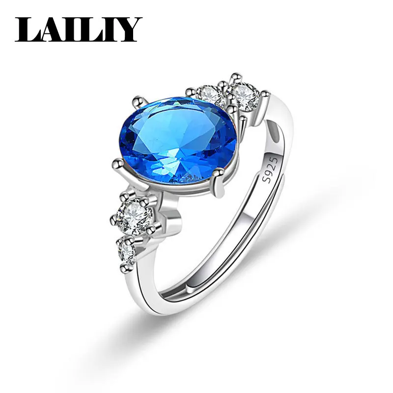 LAILIY925 Sterling Silver Gift Wedding Party Diamond Four prong Oval Multi color Gemstone Adjustable Ring Women Fashion Jewelry