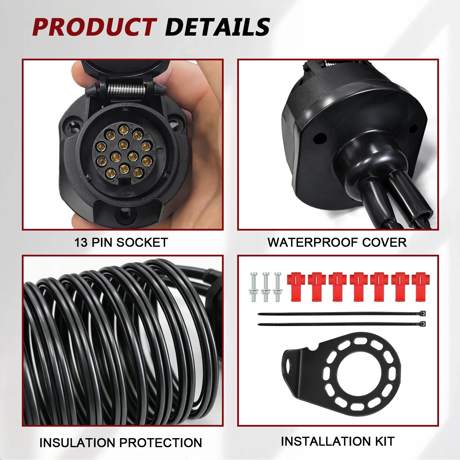 Trailer socket 13 pole with cable 2m Pre-wired trailer coupling for most European 13 pin trailer connectors to light up trailers