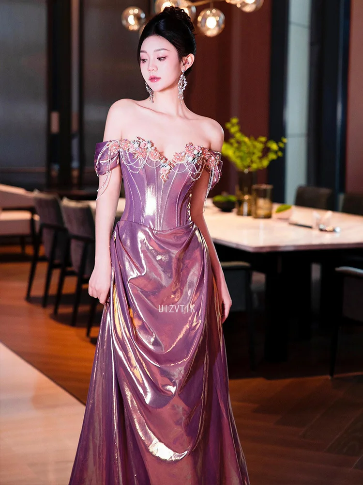 2025 roxo vestido de festa à noite feminino cetim fora do ombro frisado vestido de baile luz luxo banquete sereia vestido de ocasião formal
