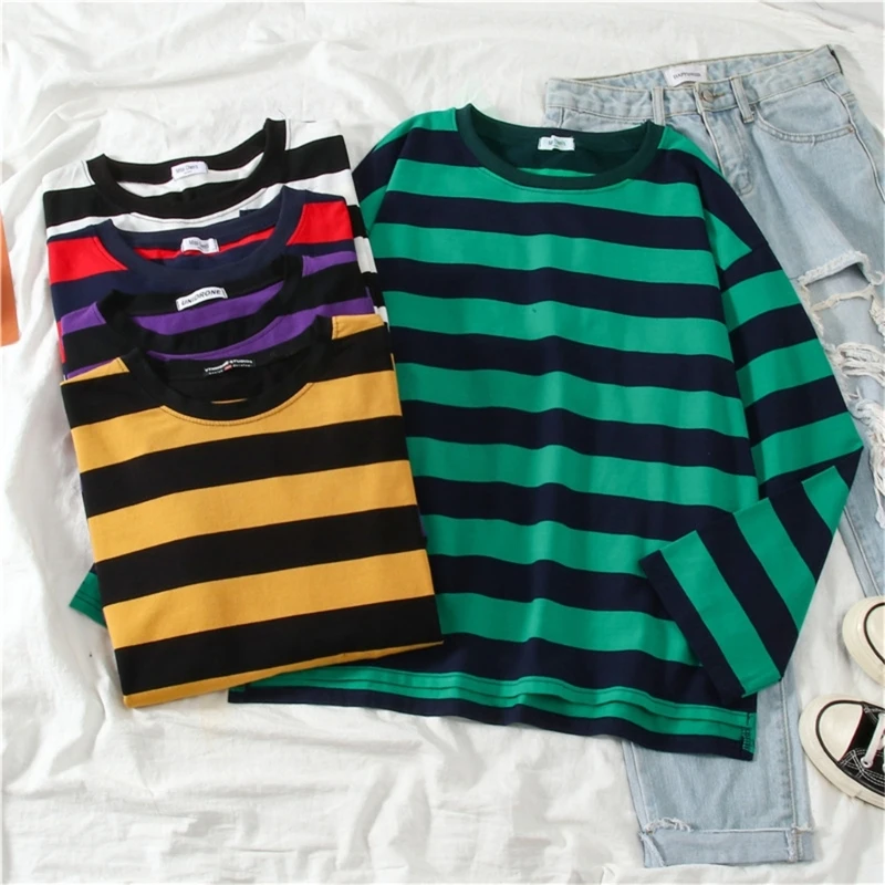 Women Fall Crewneck Long Sleeve T-Shirt Aesthetic Striped Oversized Blouse Top Dropship