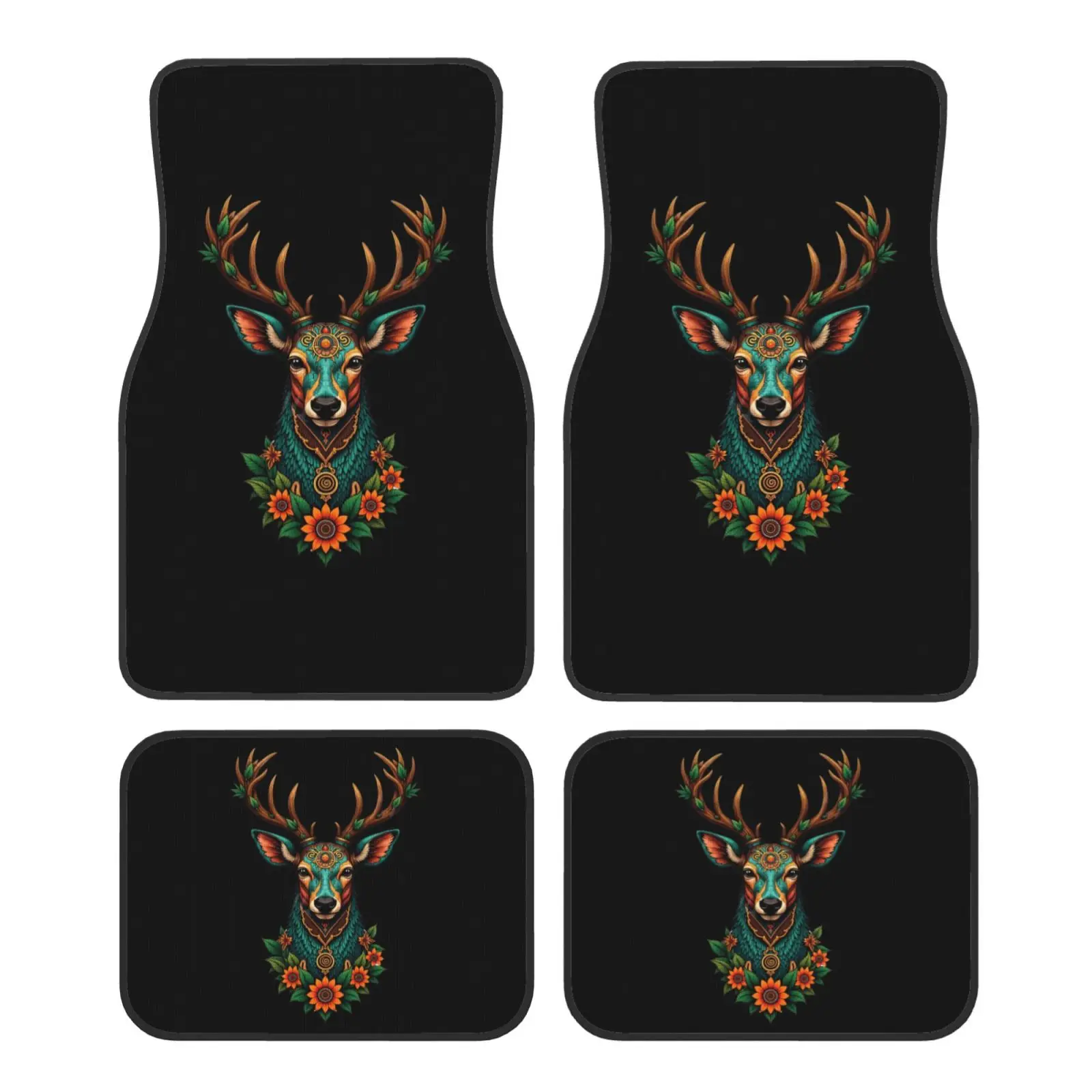 Forest and Deer Pattern Print Car Floor Mats Non-Slip Carpets Rugs Front Rear Car Foot Mats Set of 4 Pcs Auto Accessories Decor