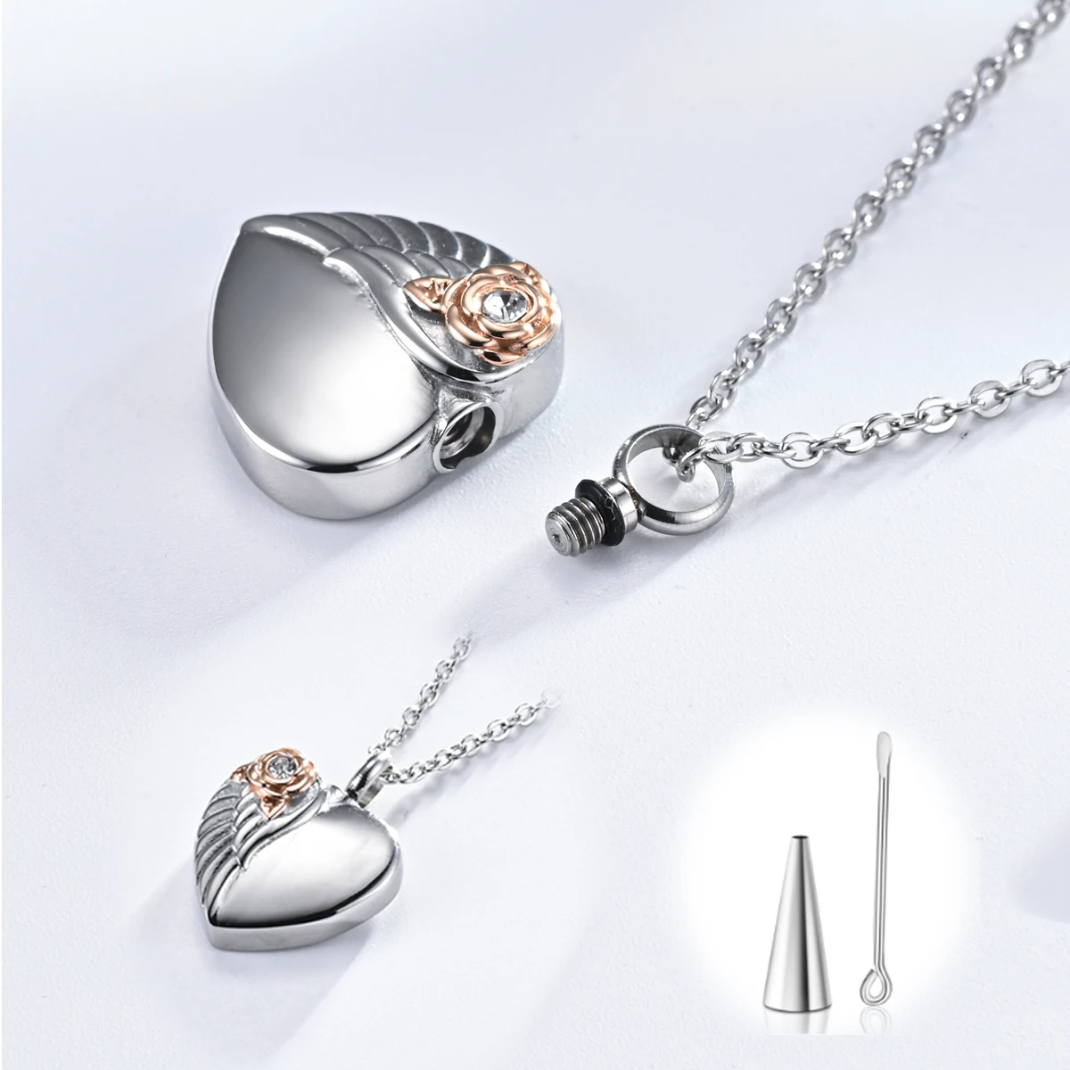 New Heart-shaped Angel Wing with Rose Urn Pendant Stainless Steel Waterproof Necklace for Ashe Cremation Jewelry Wholesale