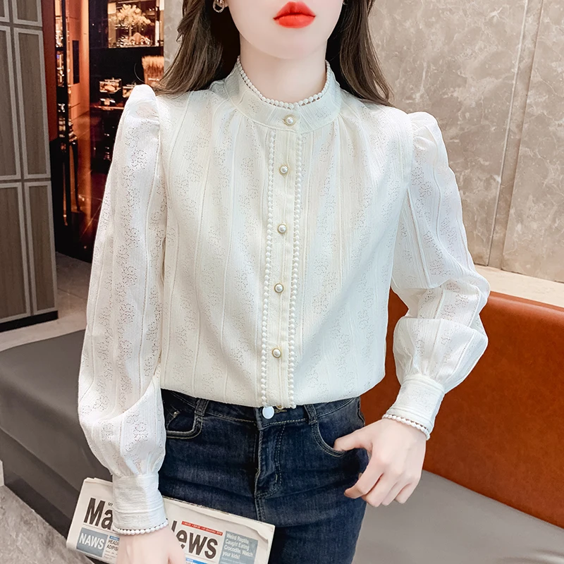 New 2024 Spring Women Shirts & Blouses Hollow Out Lace Blouse Long Sleeve White Korean Tops Beaded Elegant Women Clothes