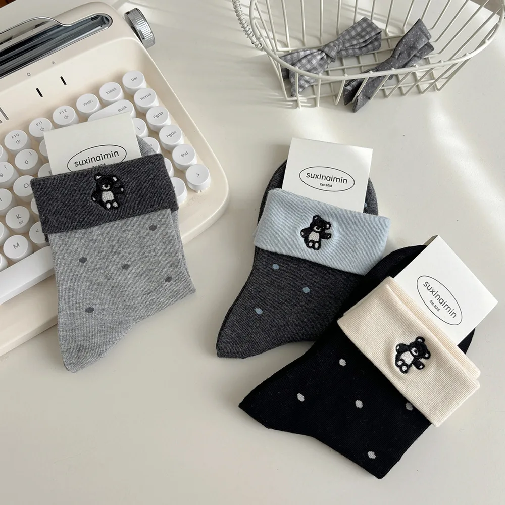 

6 пар осенне-зимних теплых носков, повседневные милые женские дышащие хлопковые носки с медведем, модные кавайные носки средней длины, высокое качество