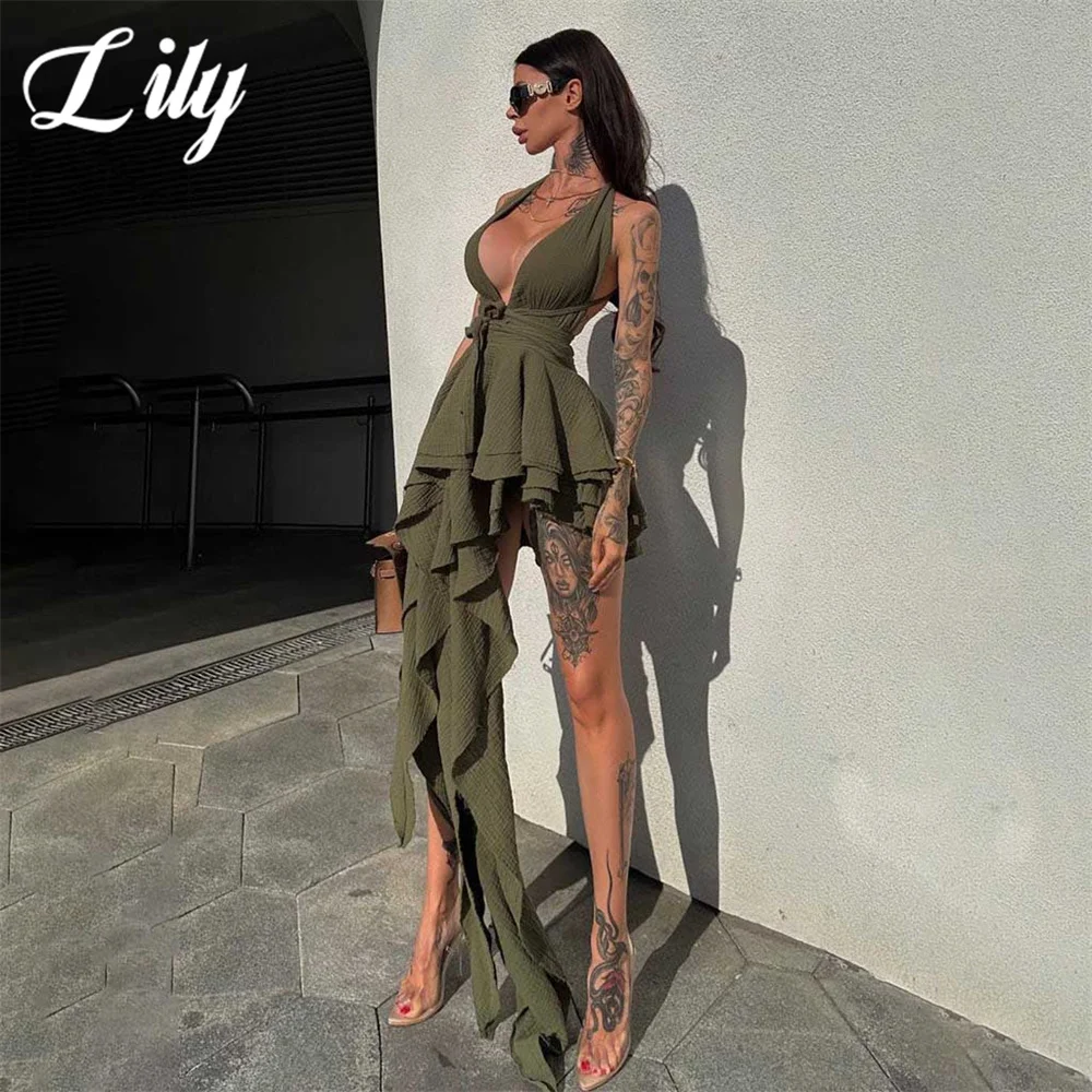 

Lily Green Evening Gown Spaghetti Strap Prom Dresses Pleats Sleeveless V-Neck Evening Dresses with High Split robes de soirée