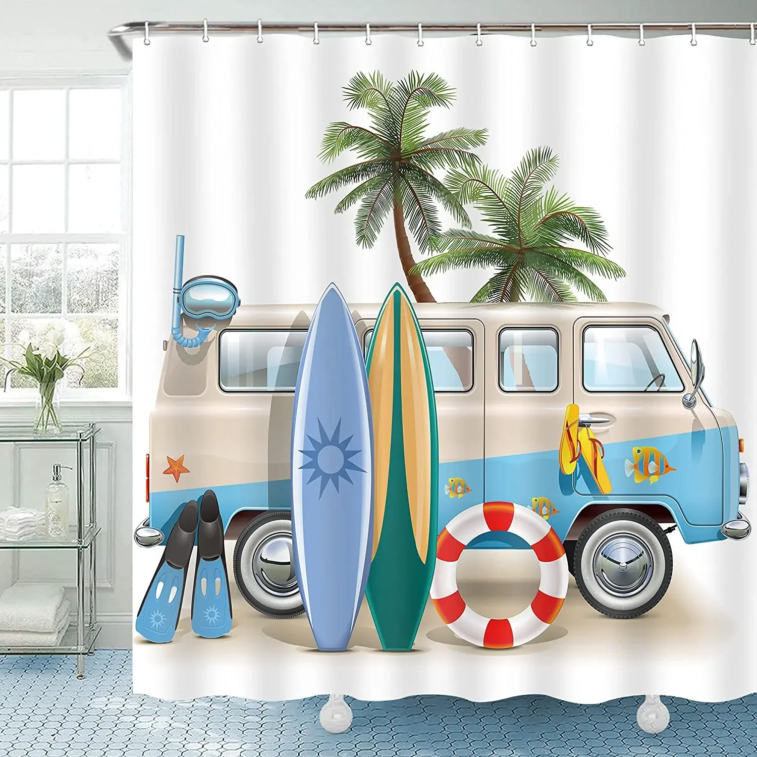 Surf Fabric Shower Curtain For Bathroom Decor Beach Coastal Theme Bath Accessories Tropical Palm Trees Pattern Camping Car