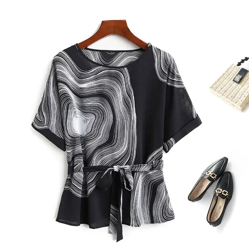 

Black Vortex Striped Print Vintage Chiffon O-Neck Short Sleeve Lace-up Women's Blouse Shirt Female Tops Woman Clothing Fashion