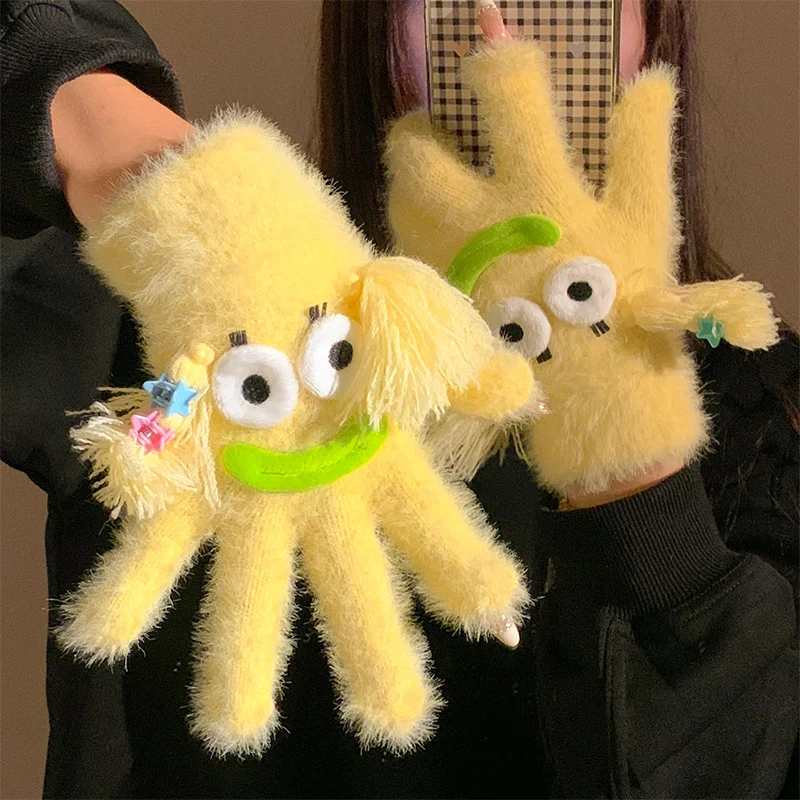 

Забавные зимние перчатки без пальцев с подогревом и монстром, женские странные теплые утолщенные плюшевые тканевые вязаные уличные варежки, праздничные подарки