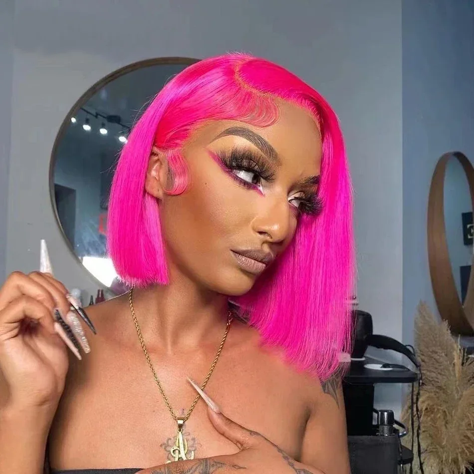 ﻿   Pelucas humanas Bob cortas y rectas de color rosa intenso, pelucas frontales de encaje 100%, peluca de encaje transparente con línea de cabello prearrancada ﻿