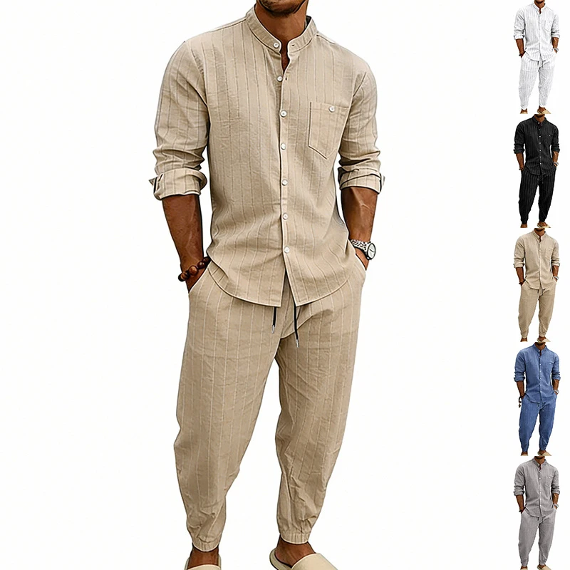 

European American Style Men's Linen Blend Set Loose Jacquard Striped Stand Collar Shirt Long Pants 2 Piece Set