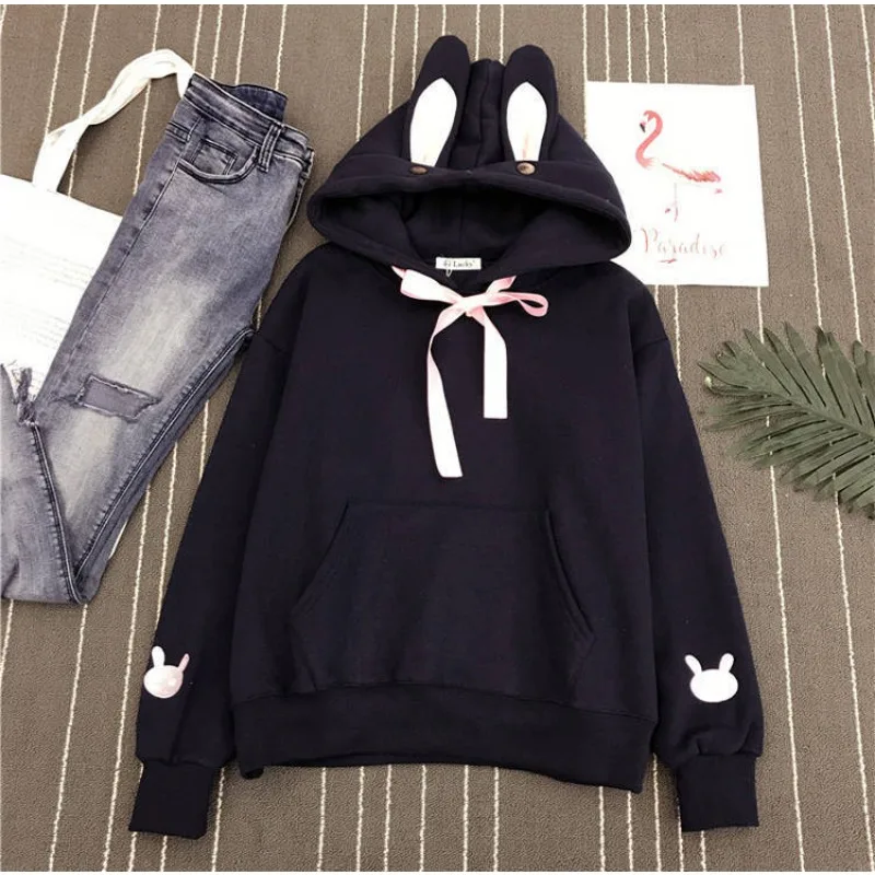 Cartoon Hoodies Women Embroidered Rabbit Ears Cute Sweatshirts Loose Girls Long Sleeves Coats Streetwear Autumn Winter