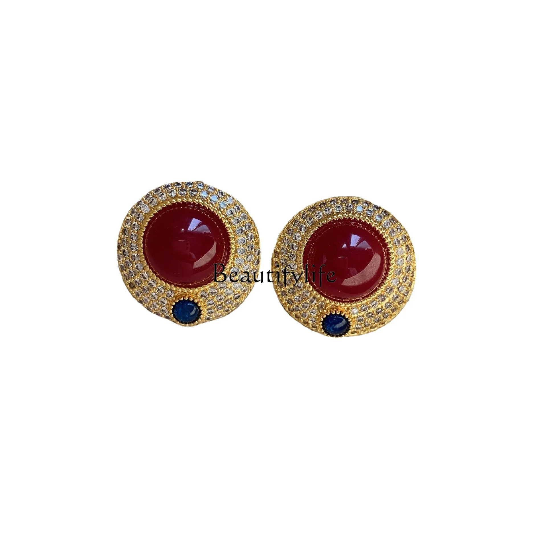 Vintage ruby dense inlaid haute couture full diamond round earrings