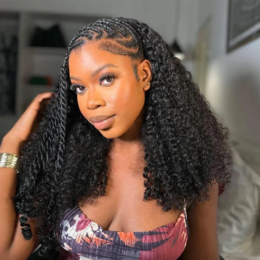 

Kinky Curly 3 IN 1 Half Wig With Drawstring Seamless Clip Deep Wave Ready to Wear Glueless Upgrade 3 In 1 Half Human Hair Wigs