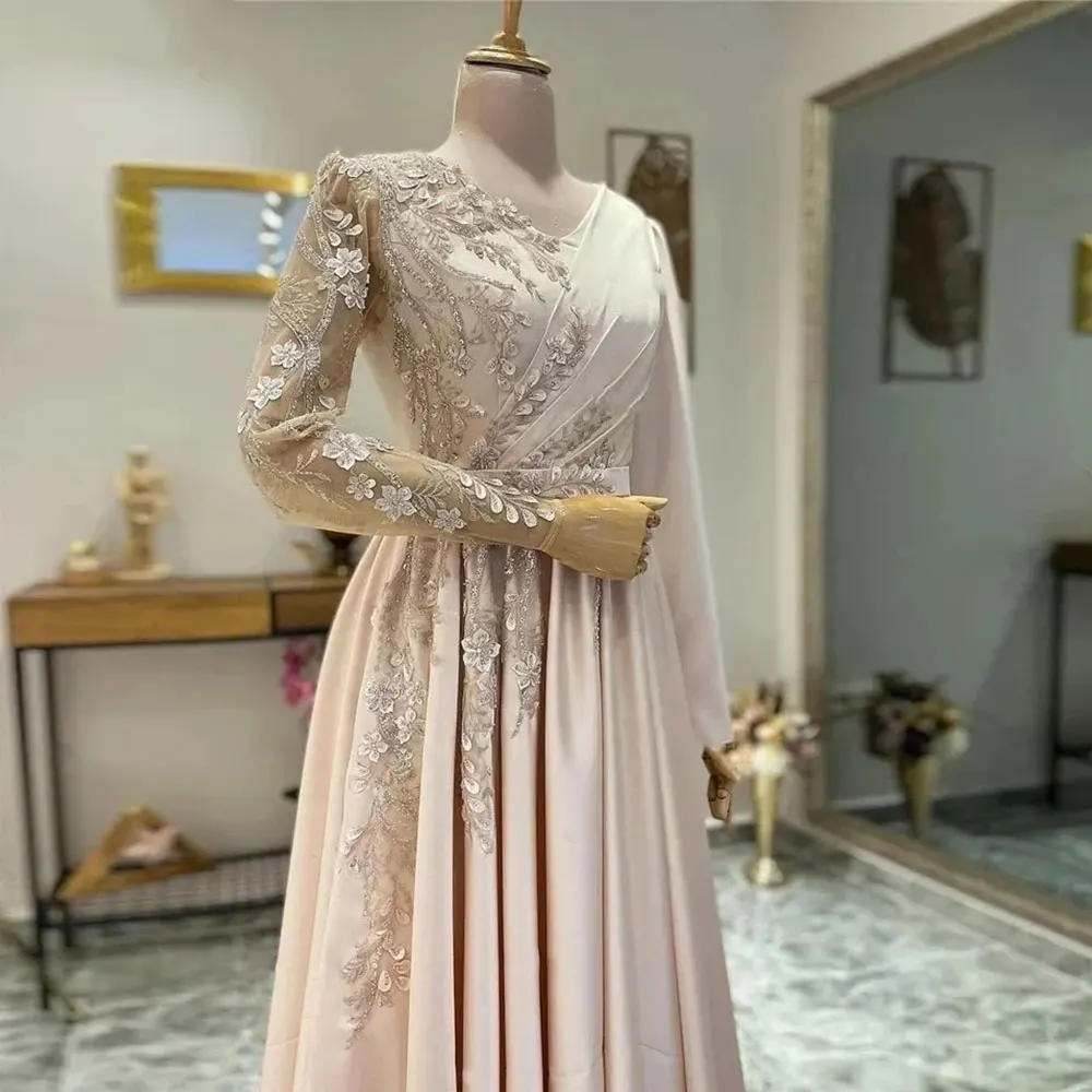 Muslim Pink Applique Prom Dresses Women\'s Elegant A-Line Floor Length Evening Dress Bridal Wedding Gowns Formal Occasion Robe