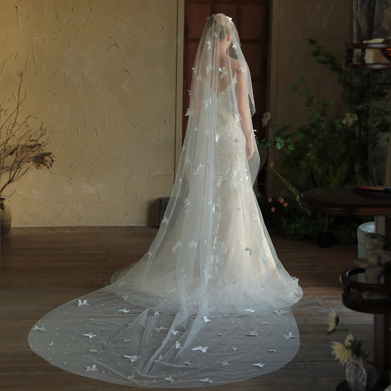 

V394 Pearl Butterfly Bridal Veil Long Single Layer Train Wedding Dress Accessory for Outdoor Shoots And Travel Weddings