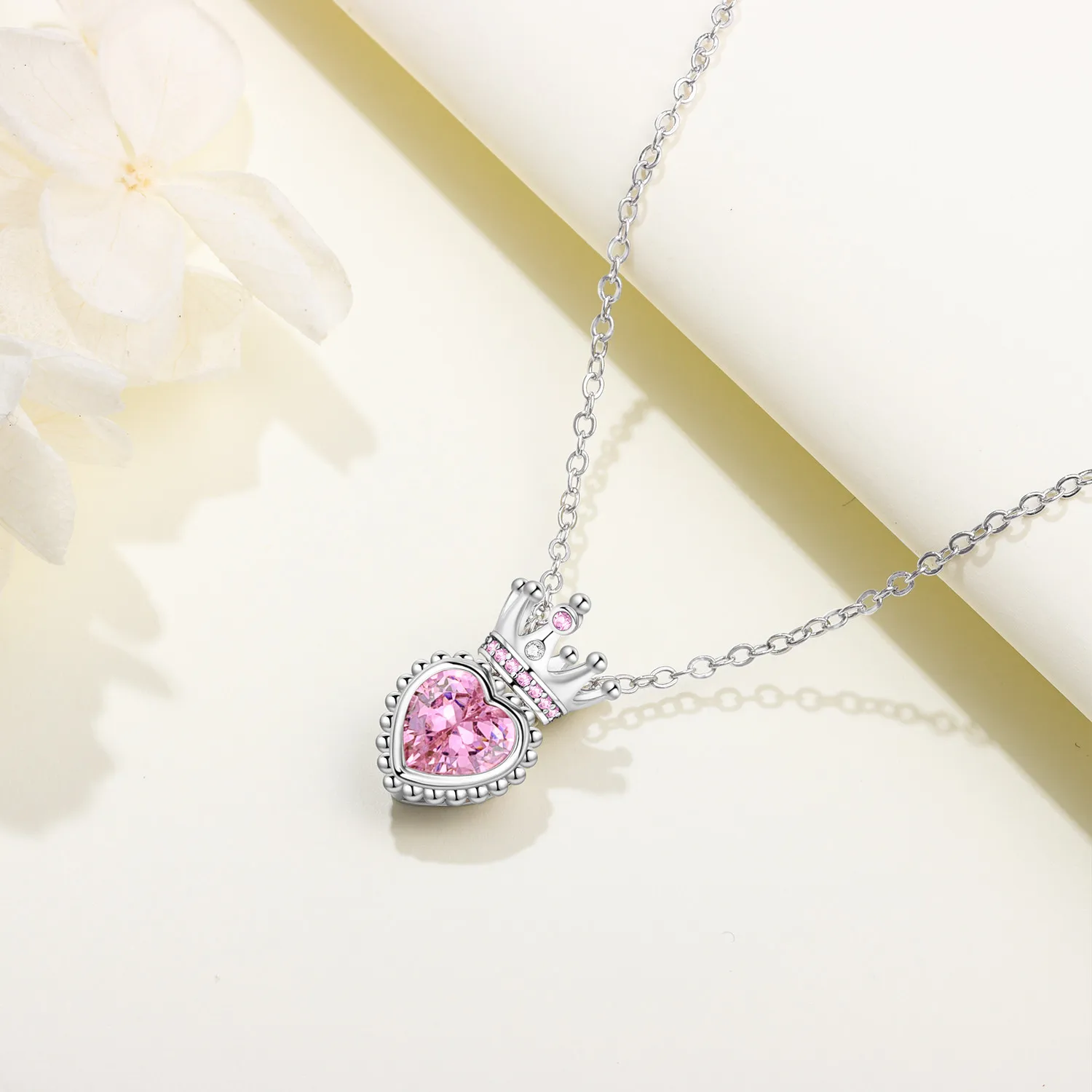 Romantic Pink Crown Heart Pendant Necklace Genuine 925 Sterling Silver Elegant Fine Jewelry for Women Wedding Holiday Presents