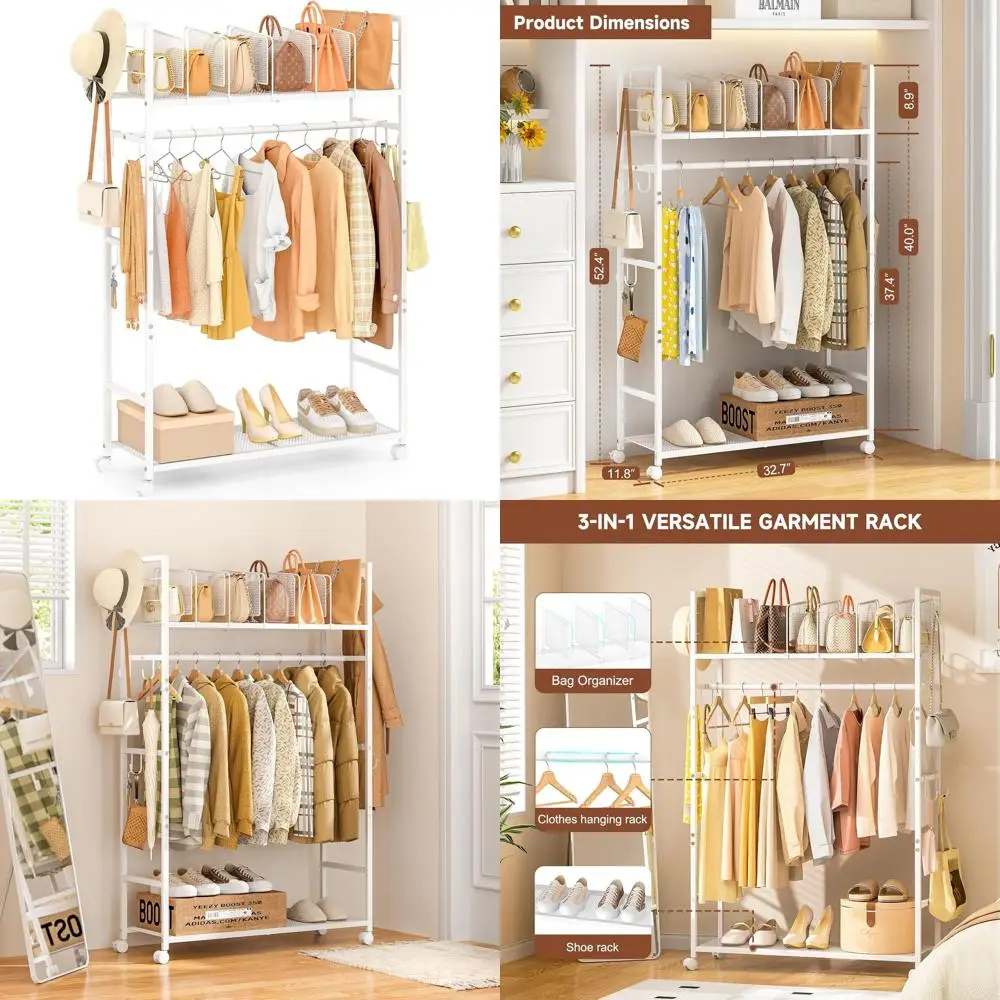 

Adjustable Shelf Portable Clothes Rack, Freestanding Organizer with 8 Hooks, Rolling Closet Storage, White