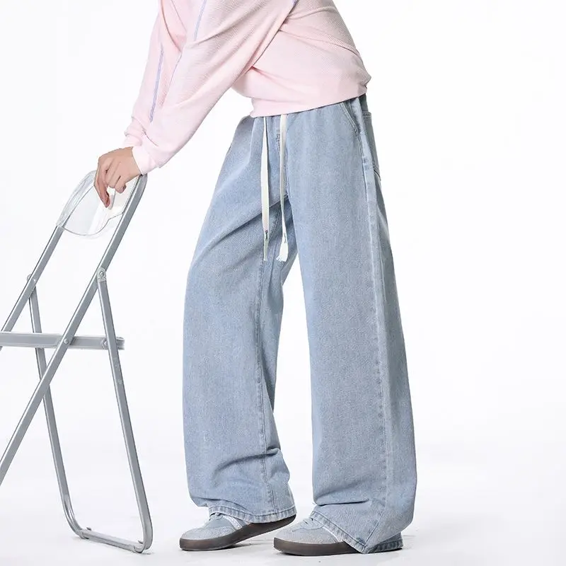 Calças de ganga unissexo, versáteis para a primavera e o outono, de corte reto e folgado, estilo cargo, casuais, compridas, para homem e mulher.
