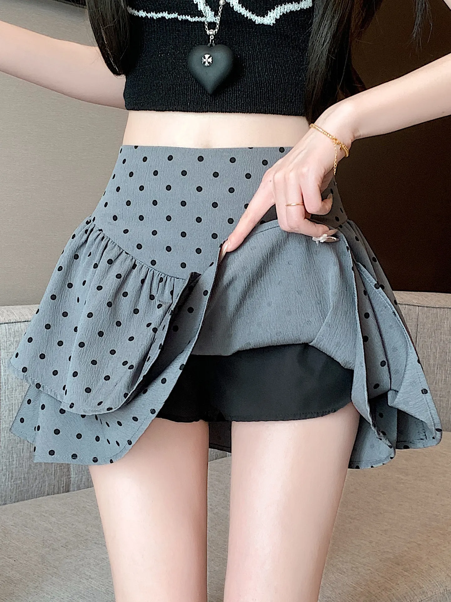 

Французская юбка-трапеция с неровным краем и оборками в горошек, летняя, с завышенной талией, модная, персонализированная, короткая юбка для женщин