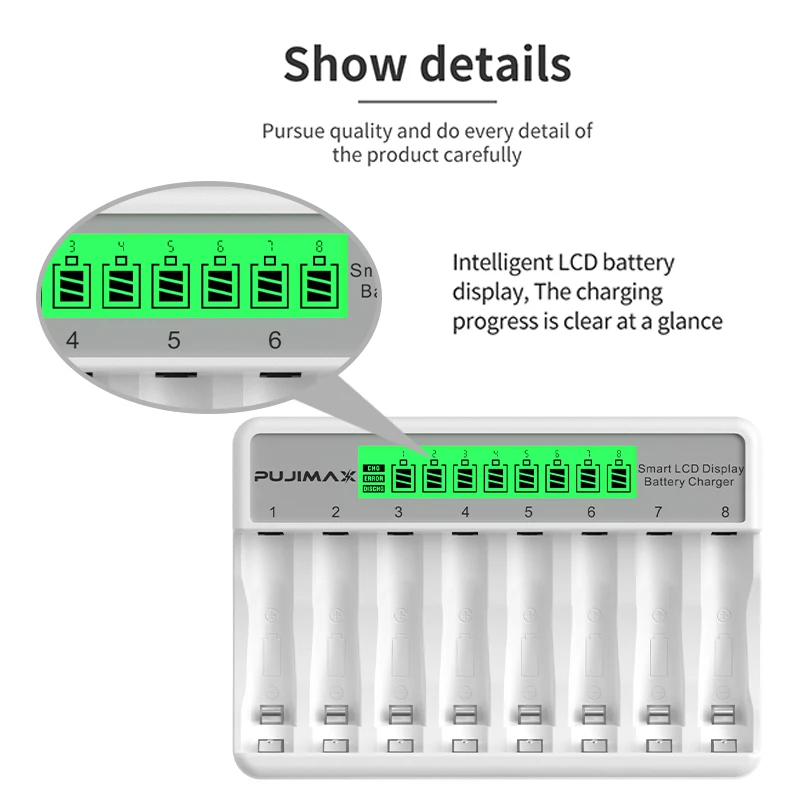 PUJIMAX 8-gniazdowa ładowarka z wyświetlaczem LCD inteligentna inteligentna do AA/AAA NiCd akumulatory NiMh aa aaa AAA ładowarka