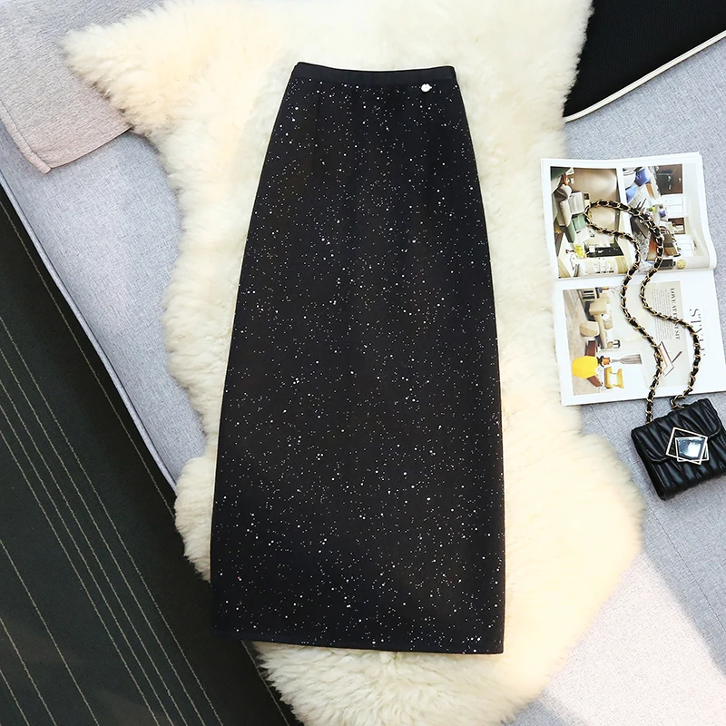 Elegant Glitter Woolen Midi Skirt Women Autumn Winter Chic High Waist Bodycon Pencil Skirt with Slit Sparkly Sequin Party Outfit