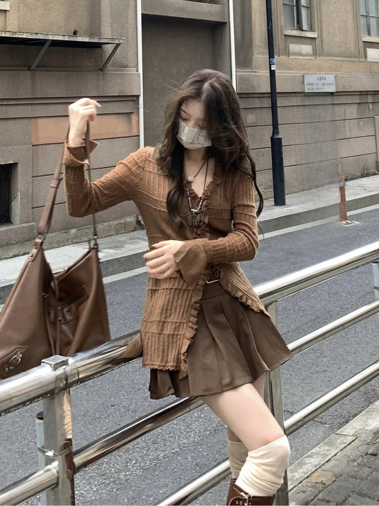 Amerikaanse Stijl Bruin Kant Gebreide 3 Delige Set Vrouwen Herfst Winter Casual High Street Sets Y2k Top + korte Rok Pak 2025 Nieuwe