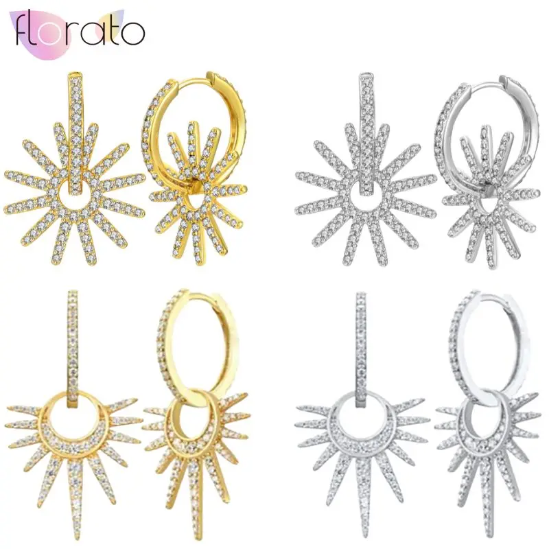 

925 Sterling Silver Ear Needle European and American Vintage large Circle Sun Micro-Paved Zircon Pendant Earrings Jewelry Gifts