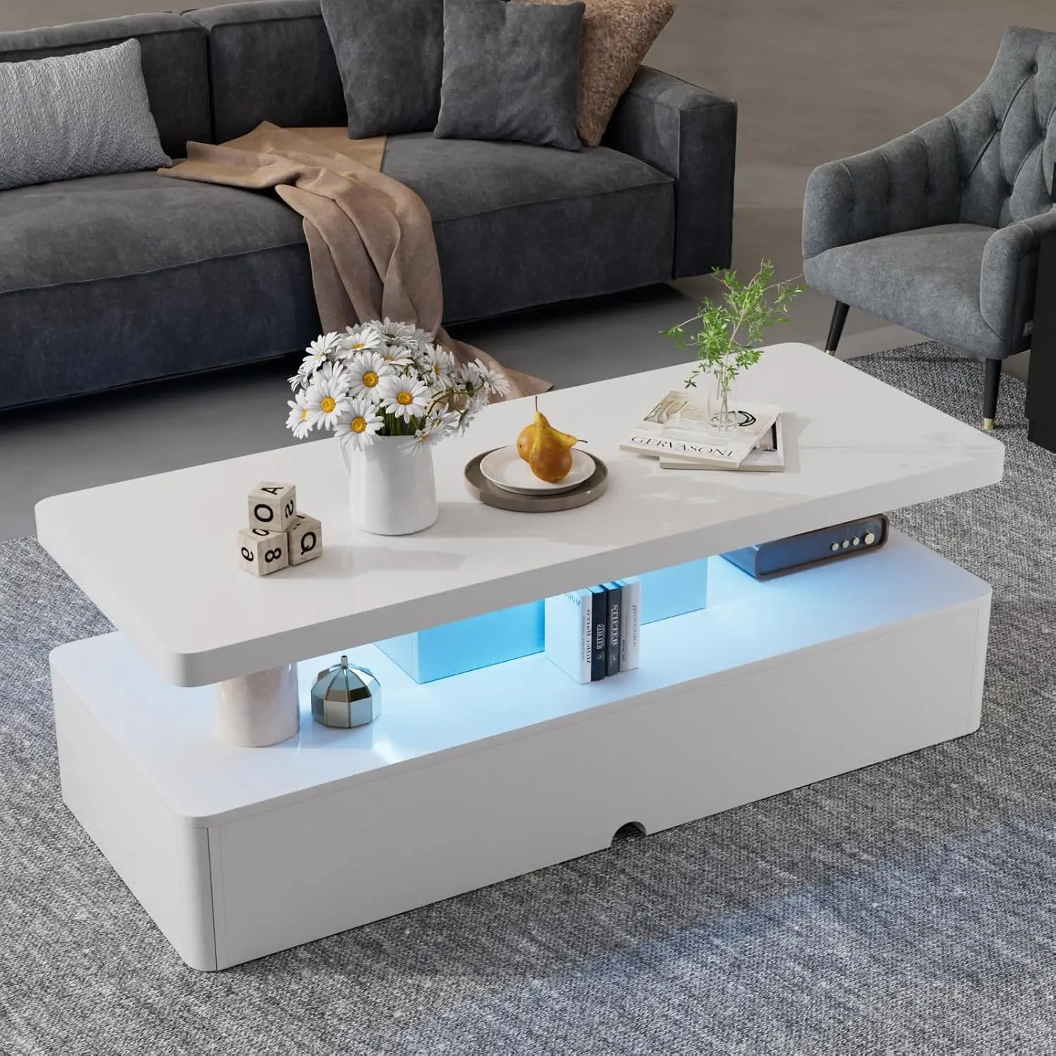 NEW Modern Stylish Coffee Table with 16 Colors LED Lights, Double-Layer Design for Living Room, White