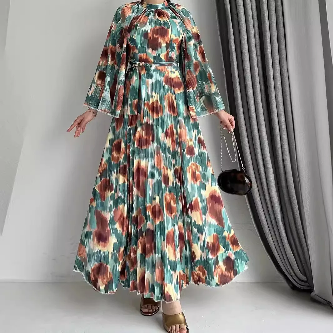 Muçulmano novo floral impressão com cinto longo moda vestido alargamento mangas meia gola modesto vestido de noite vestido Jakarta