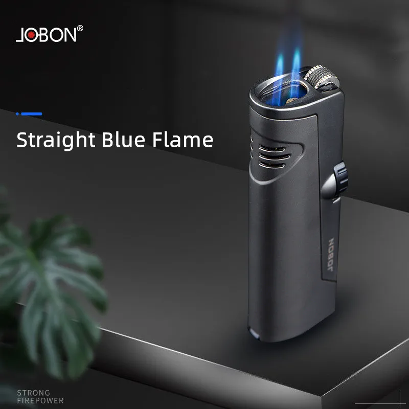 JOBON Metal Butane Gas Lighter Outdoor Windproof Grinding Wheel Ignition Blue Flame 2 Torch High Pressure Jet Cigar Lighter