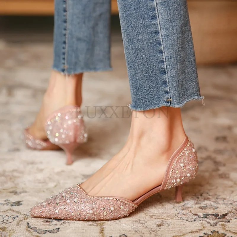 Crystal Diamond Slim Heel Pointed Shallow Mouth Women High Heels Elegant and Sexy Short Heel Pearl Chain Decoration 3.5CM