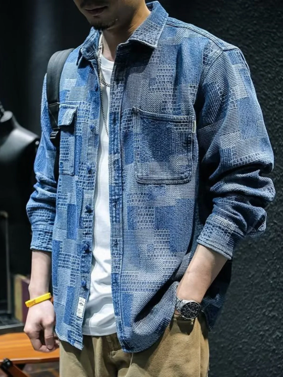 

American Retro Workwear Denim irt Men's Long Sve Trendy Loose Fit Versatile irt Spring Autumn Outerwear for Men