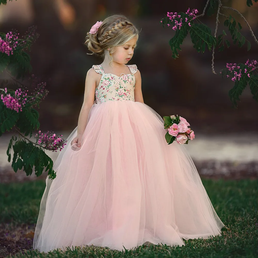 New 1-6years Pink Flower Girl Dress Toddler Kids Lace Wedding Party Costumes Clothes Cute Summer Children Clothing