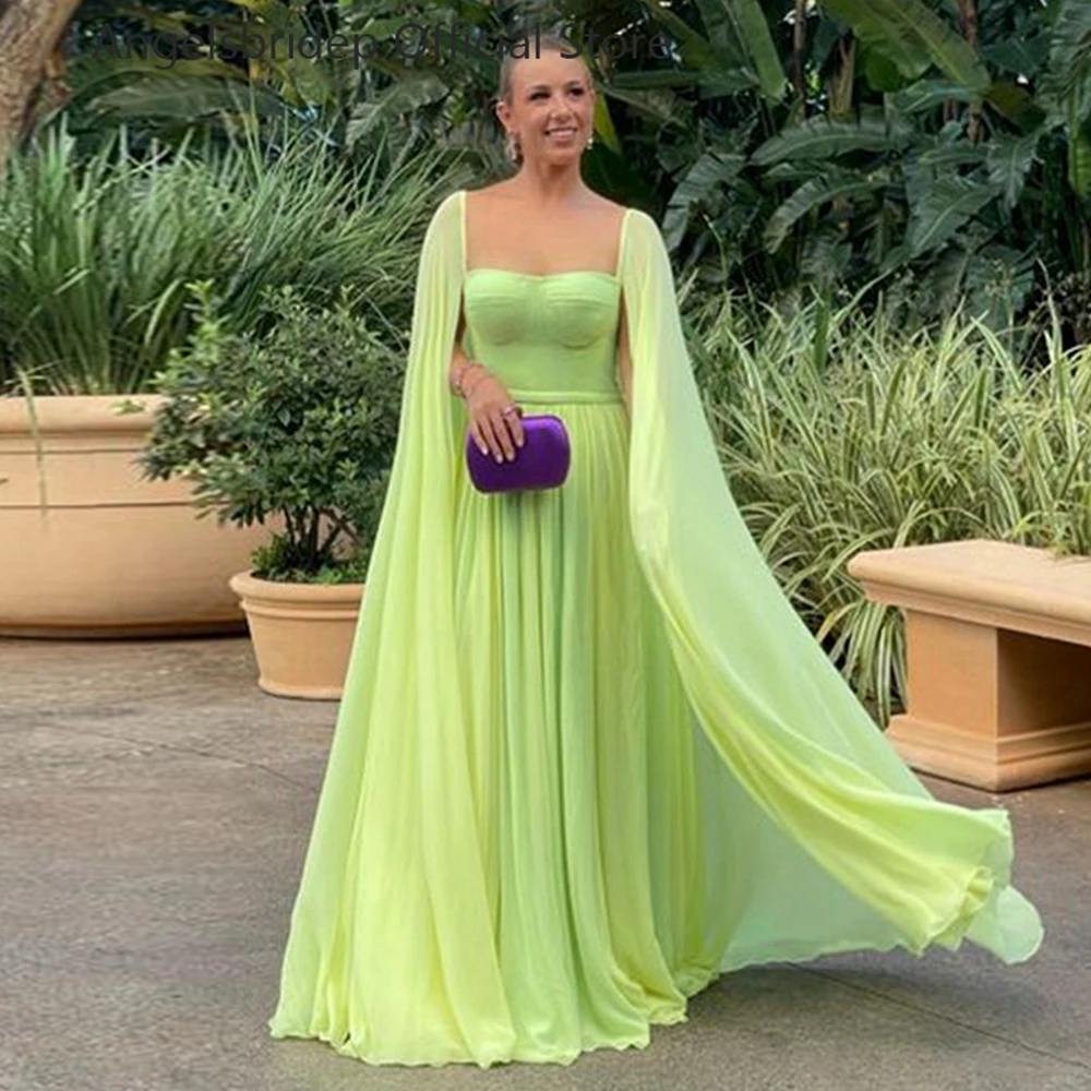 

Angelsbridep A-line Lime Green Chiffon Prom Dresses Cape Sweetheart Sash Vestidos De Gala Dance Long Party Gowns Robes De Soirée
