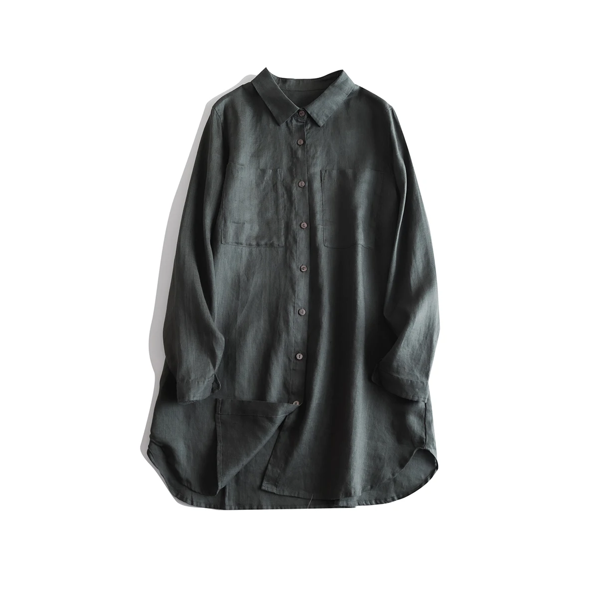 Csa  de Linho Puro de Manga Longa com Gola, Caimento Solto Artístico com Bolso ande, Agasalho Fino de Aodão e Linh...