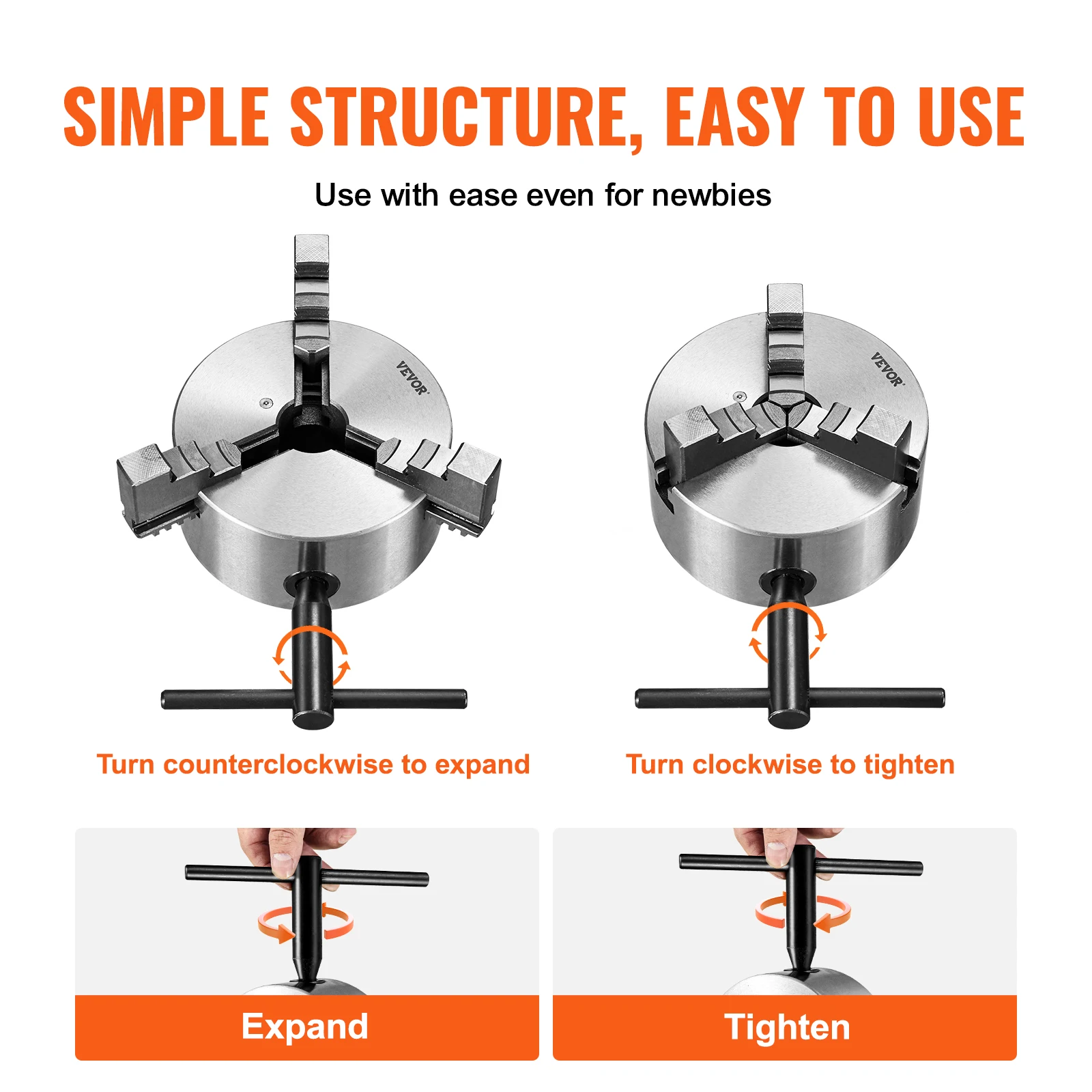 VEVOR 3-Jaw Lathe Chuck 100/125/160/200/250 mm Self-Centering Lathe Chuck Multiple Clamping Range for Lathe 3D Printer Machining