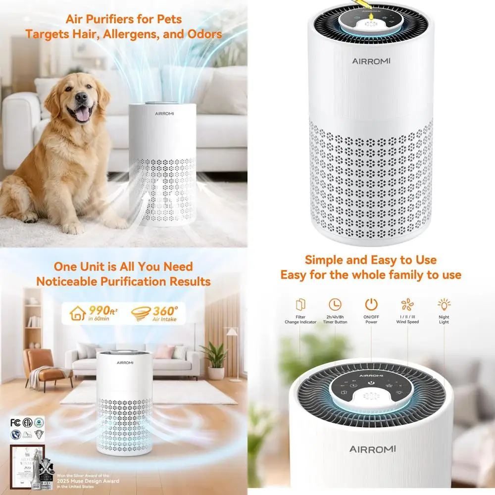 

Очиститель воздуха HEPA 3-в-1 для спальни, контроль запаха домашних животных, площадь охвата 990 кв. футов, тихая работа 360° ° Очиститель воздуха от аллергенов, пыли, дыма, белый A200