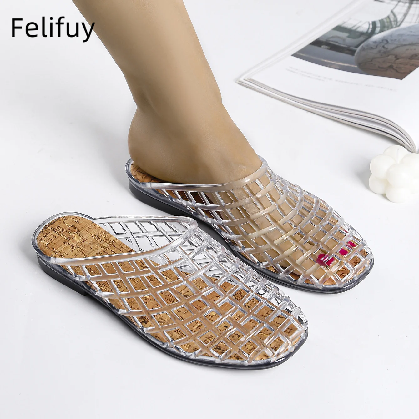 الشرائح الناعمة أحذية الشاطئ النعال غطاء تو كعب شفاف هلام الوجه يتخبط Sabot الراحة شقة بريق فضائح الترفيه عادية