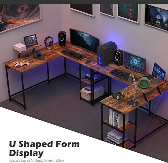 

-Morden Adjustable L-shaped Wood Writing Computer Desk Table Corner Furniture Office With Shelves