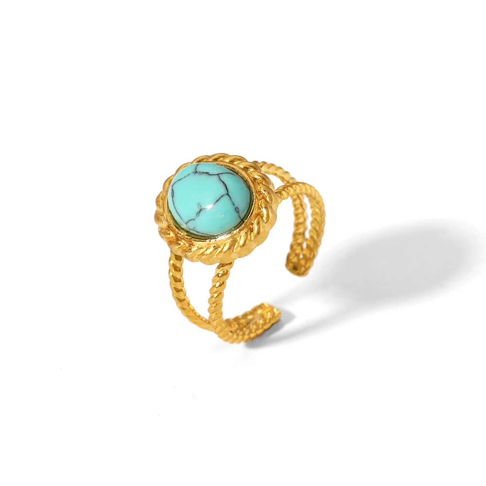 18K Vergulde Turquoise Werveling Markeringen Brede Opening Roestvrijstalen Ringen Voor Vrouwen Sieraden