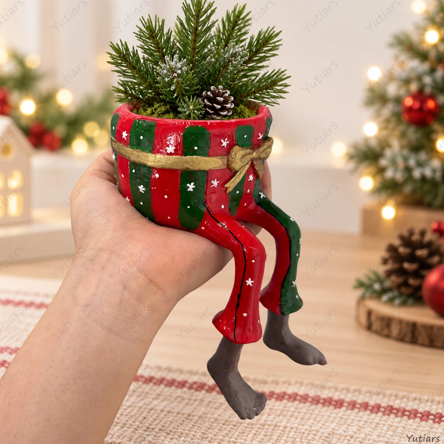 Festive Christmas Planter Pot with Dangling Legs, Red Green Striped Succulent Flowerpot for Tabletop Home Office Holiday Decor