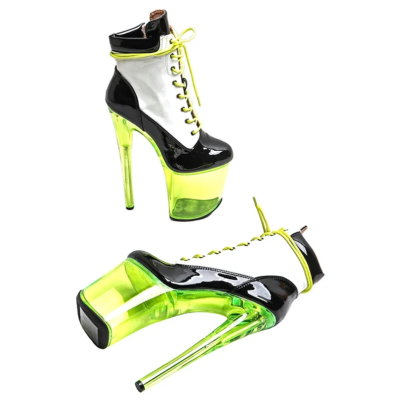 Leecabe 20CM/8 pollici Vernice PU Tomaia in bianco e nero Tendenza moda sexy trasparente Stivaletti con plateau con tacco alto Stivale da pole dance