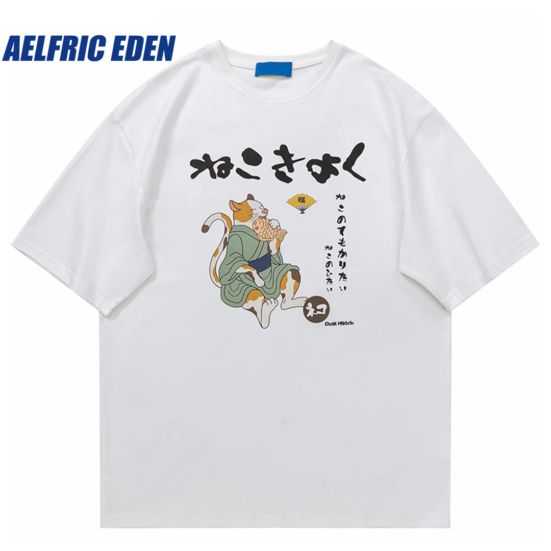 Aelfric Eden Mens Tshirt Streetwear Cartoon T Shirt Japanese Harajuku Funny Fisher Cat T-Shirt Cotton Summer Hip Hop Tops Tees