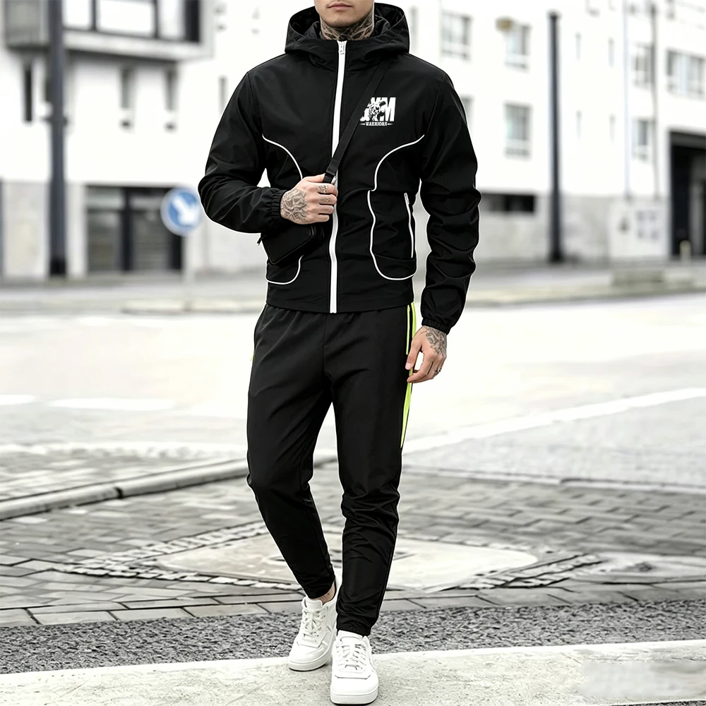 Mens Casual Tracksuit Set White Line Hooded Jacket Gym Warrior Letter Print & Side Stripe Trousers 2 Pcs Zipper Pocket Suit view 6